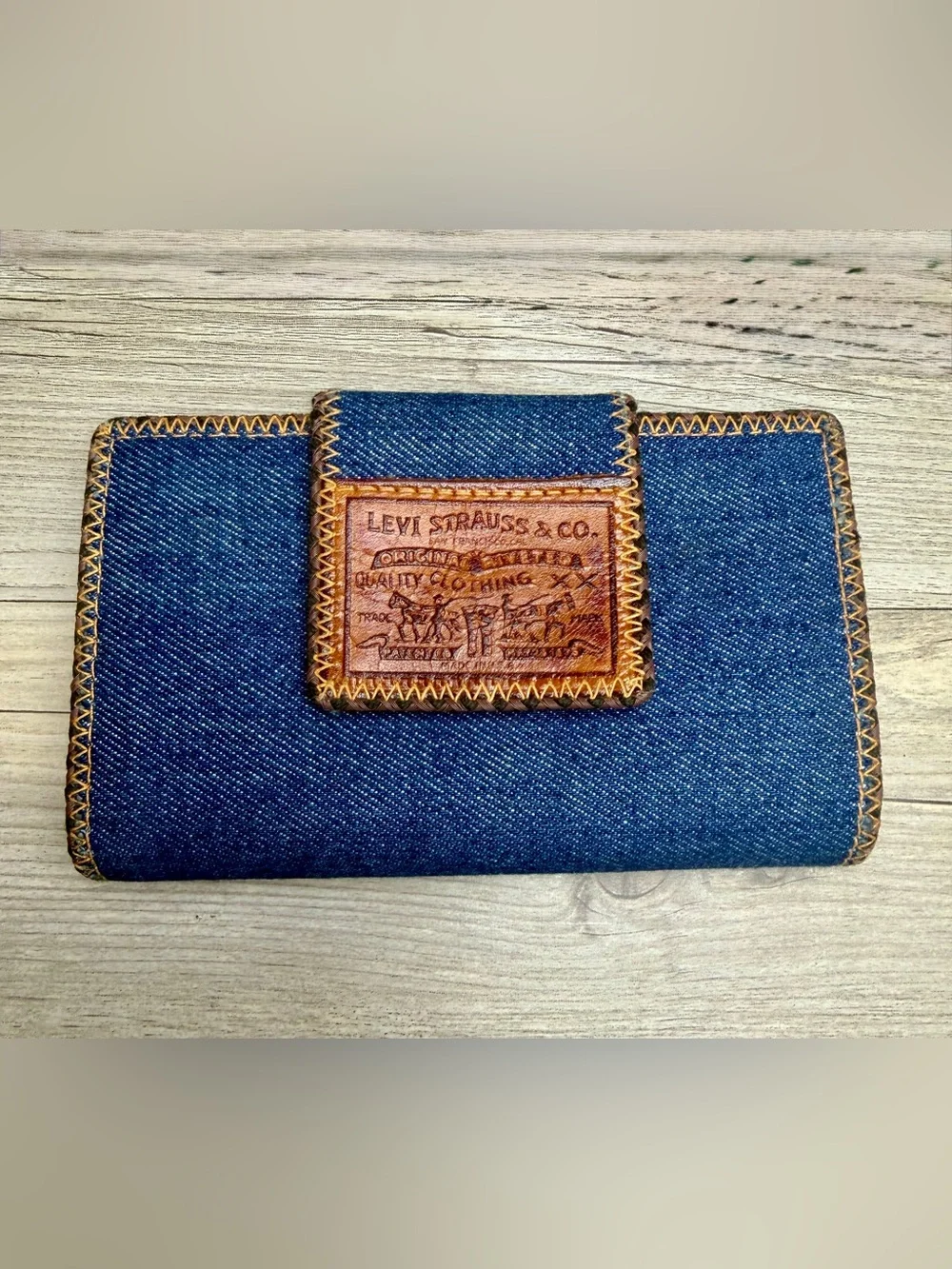 Vtg Levi Strauss & Co Denim Brown Leather Bifold Wallet w/Coin Purse